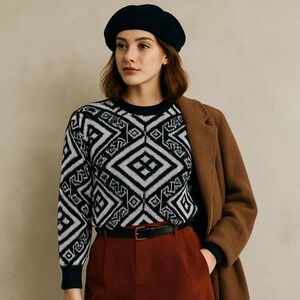 Vintage 80s 90s Gitano Sweater L Italy Black White Geometric‎ Knit Retro Limited